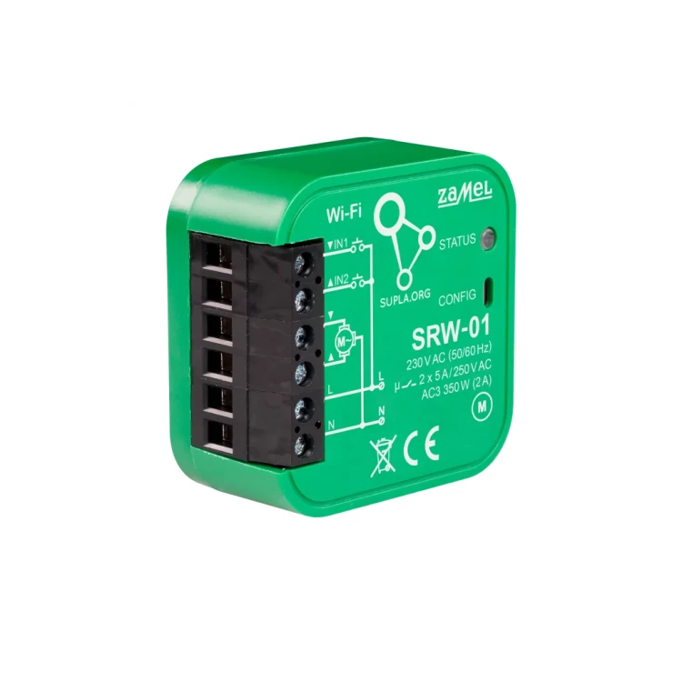 Zamel SRW-01 SUPLA – sterownik rolet Wi-Fi, podtynkowy Fi 60, 2 kanały (230 V) - widok przodu i boku (z ukosa)