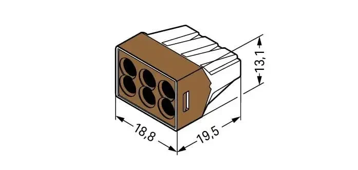 WAGO 773-606 – szybkozłączka sześciokrotna, 6× 1,5–4 mm² (drut), brązowa - rysunek wymiarowy